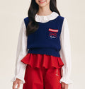 Cute Navy Knitted Vest with Red Bow Detail for Girls
