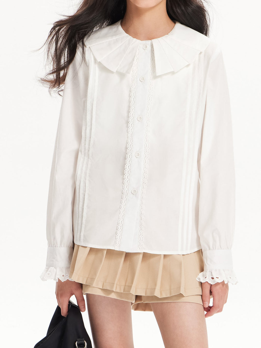 Girls White Lace Trim Long Sleeve Button Down Shirt