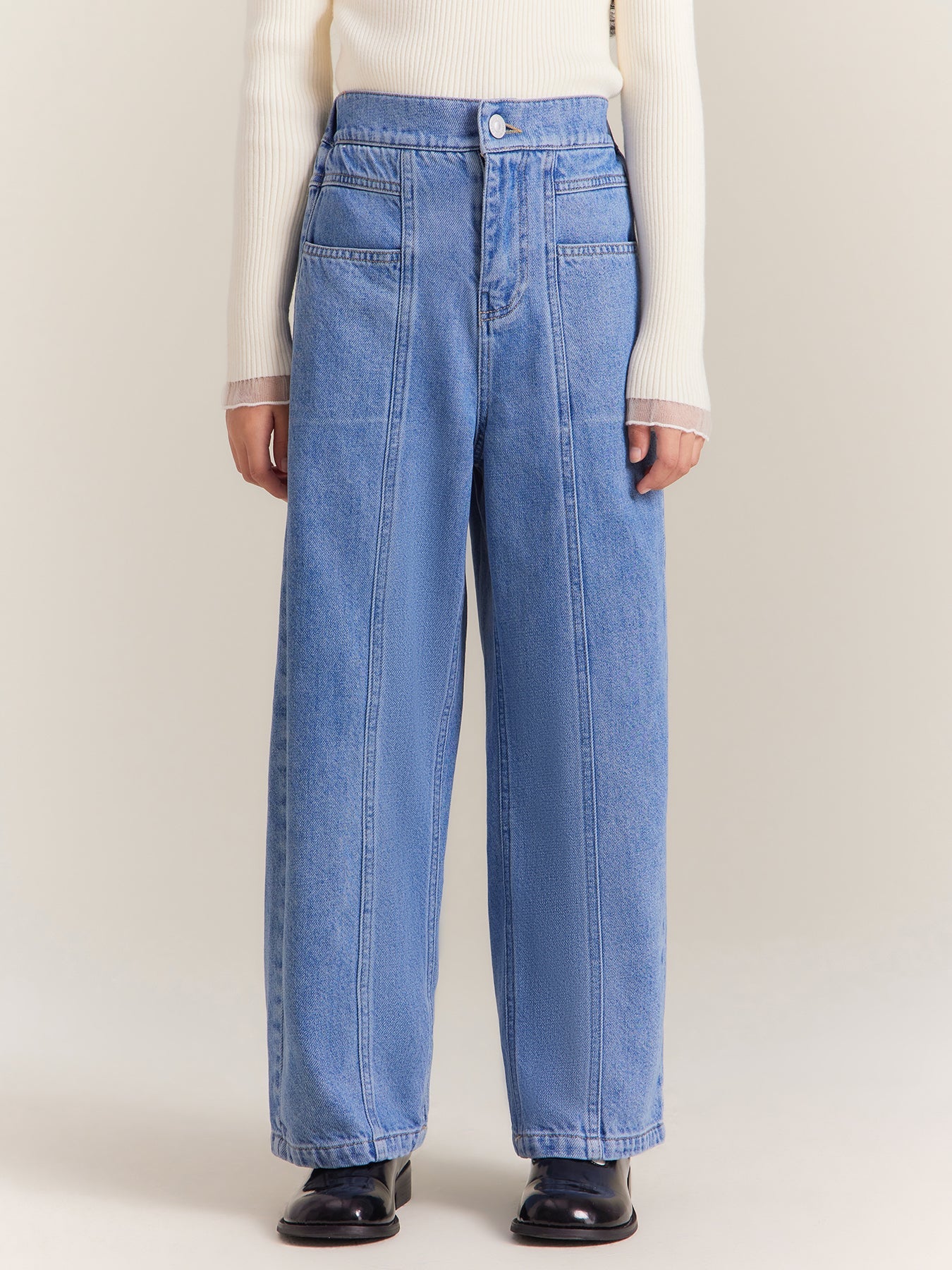 Girls High Waist Wide Leg Denim Jeans Casual Loose Fit