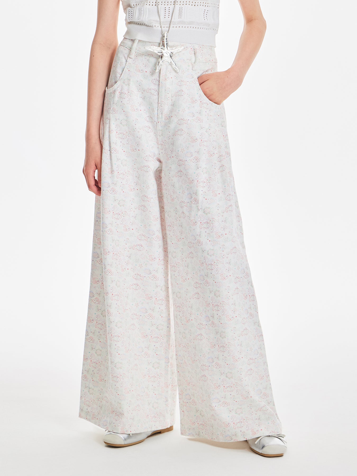 Girls Cotton Wide Leg Pants Summer Fish Print
