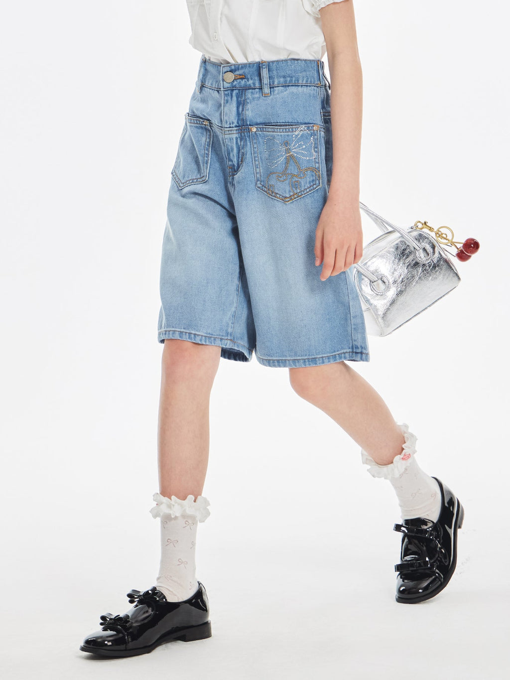 Girls Cherry Embroidered Denim Bermuda Shorts Summer Outfit