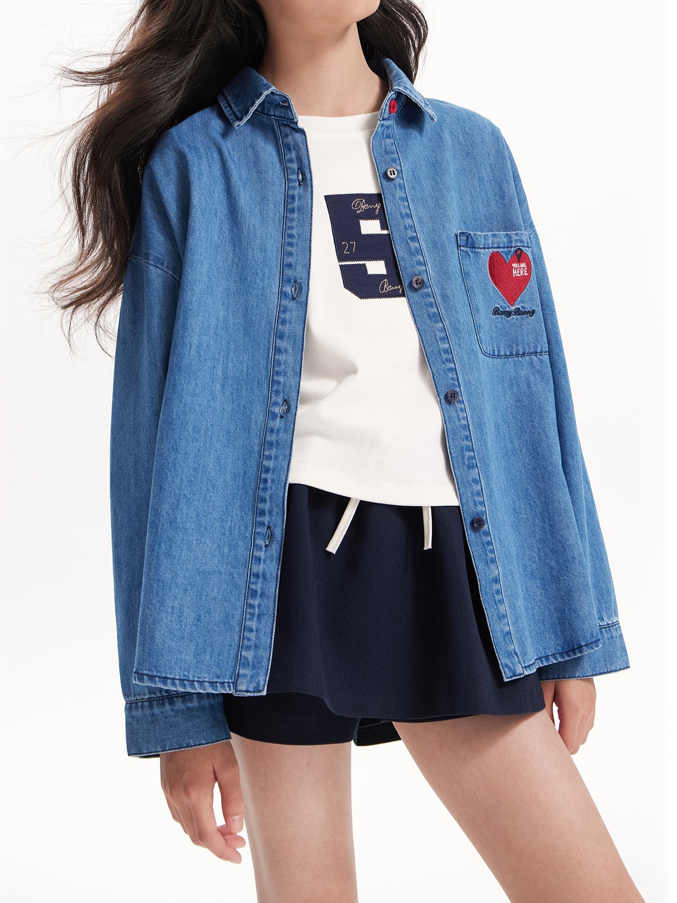 Girls Denim Heart Embroidered Shirt Jacket – Blue Classic