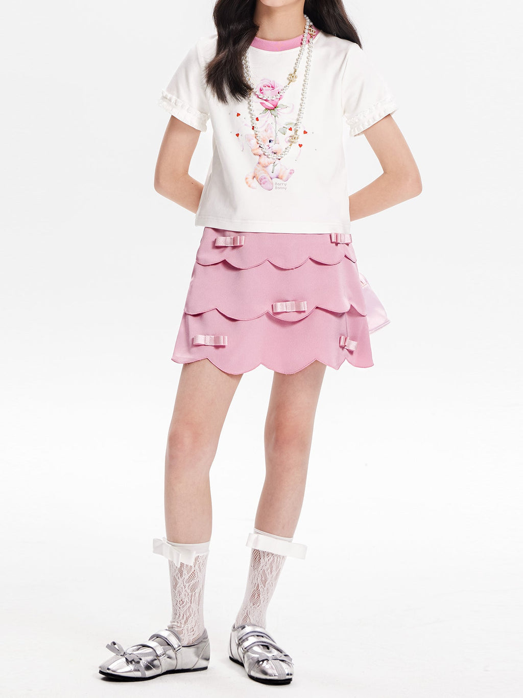 Girls Pink Layered Skirt with Satin Bow Ruffle Hem