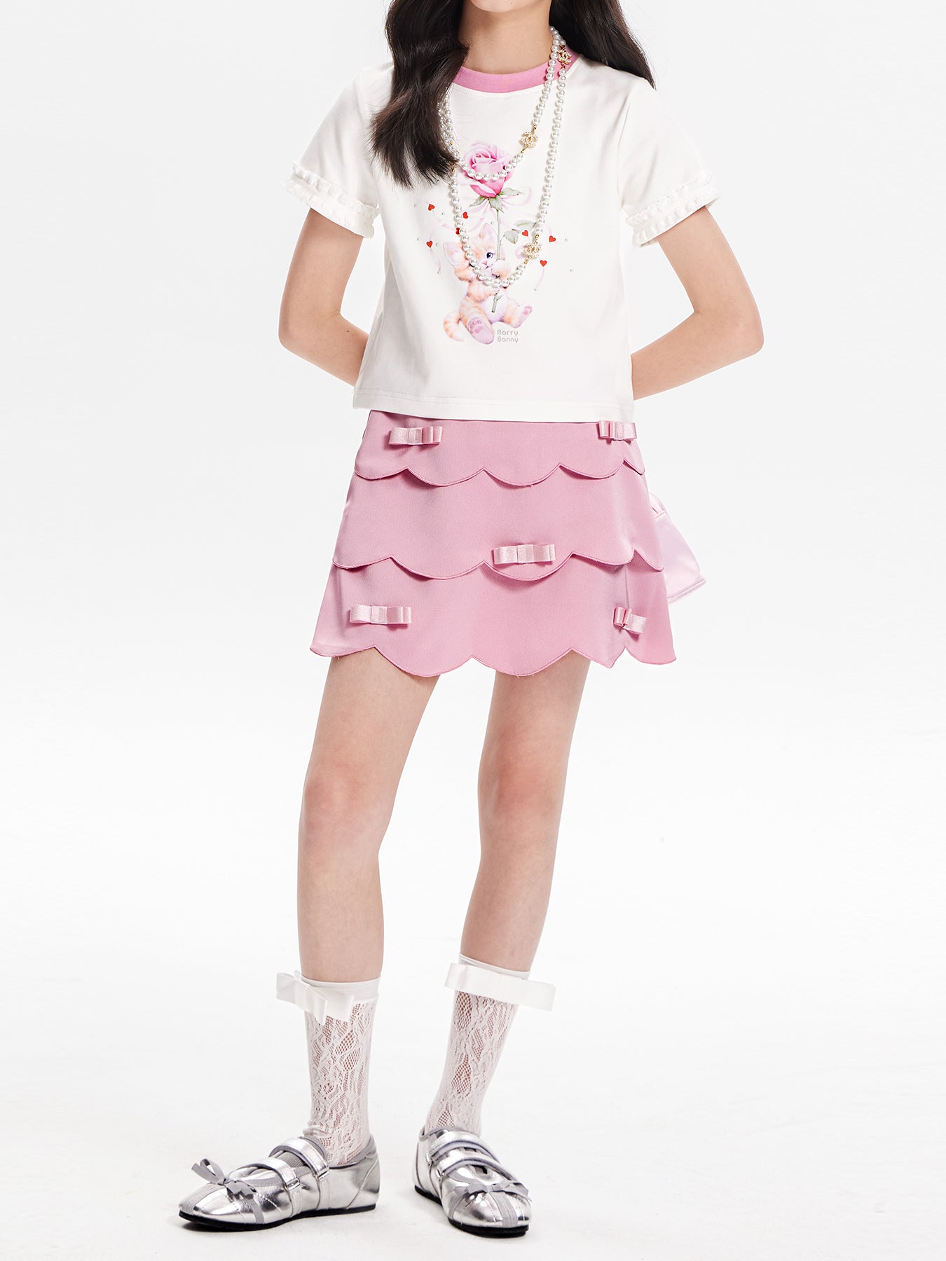 Girls Pink Layered Skirt with Satin Bow Ruffle Hem