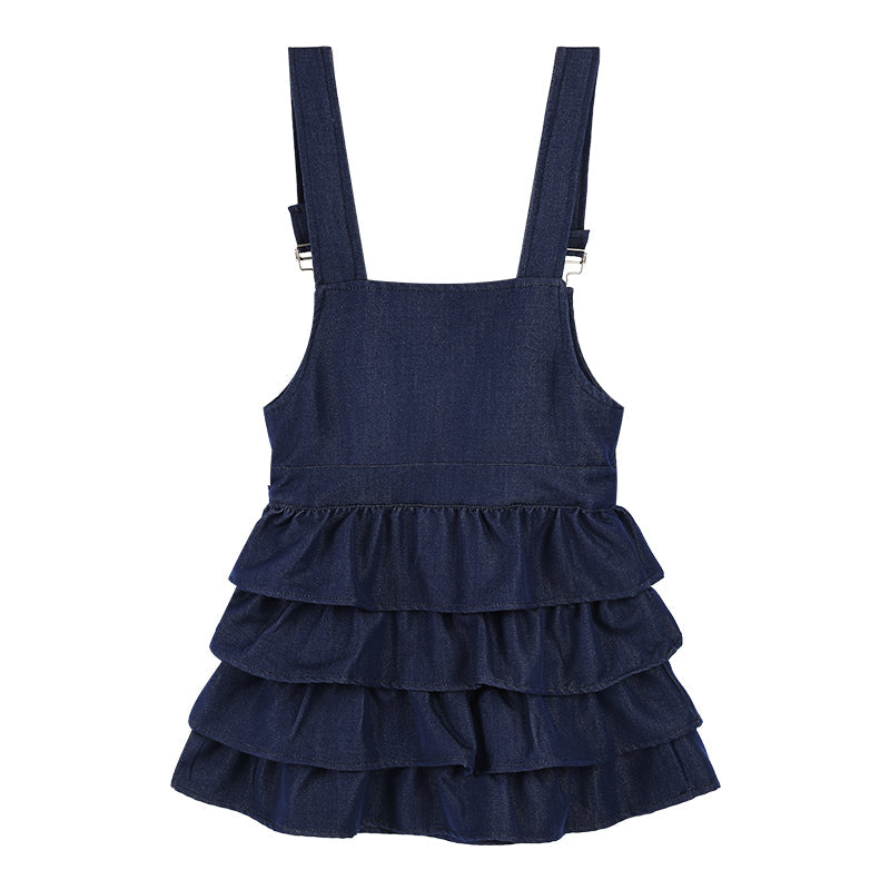 Girls Denim Layered Ruffle Overall Dress Adjustable