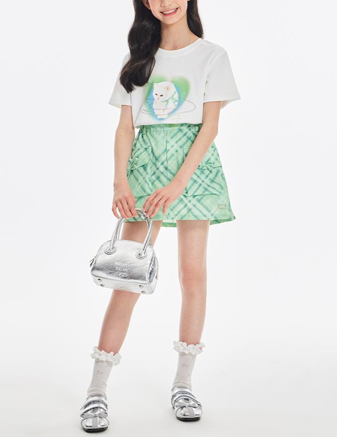 Girls White Cat Print Graphic Short Sleeve T Shirt