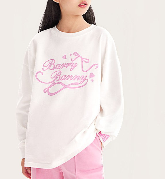Girls Sweet Print Long Sleeve White Crewneck Tee