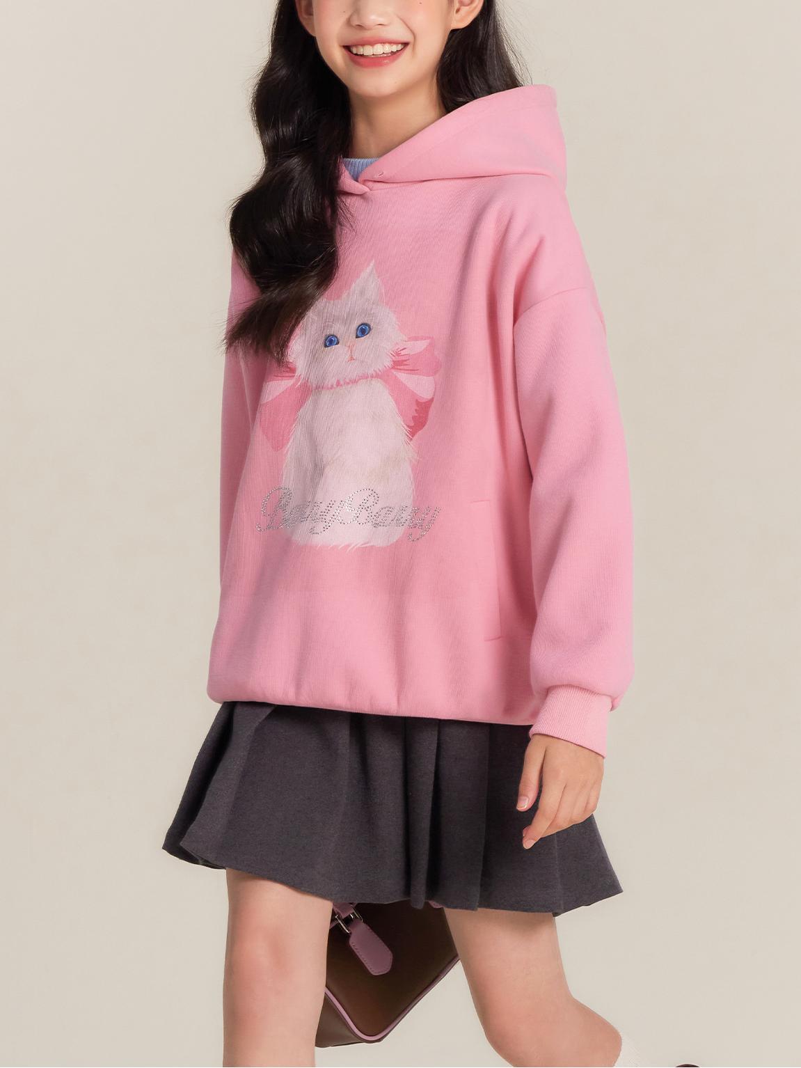 Girls Pink Hoodie with Cute Cat Print and Rhinestone Detail
