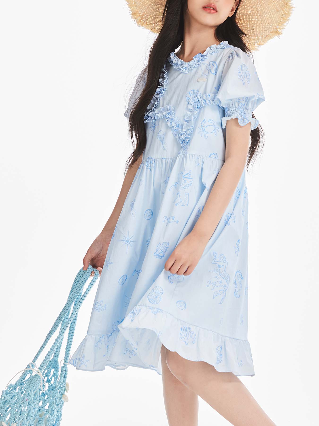 Girls Ruffle Short Sleeve Light Blue Midi Dress