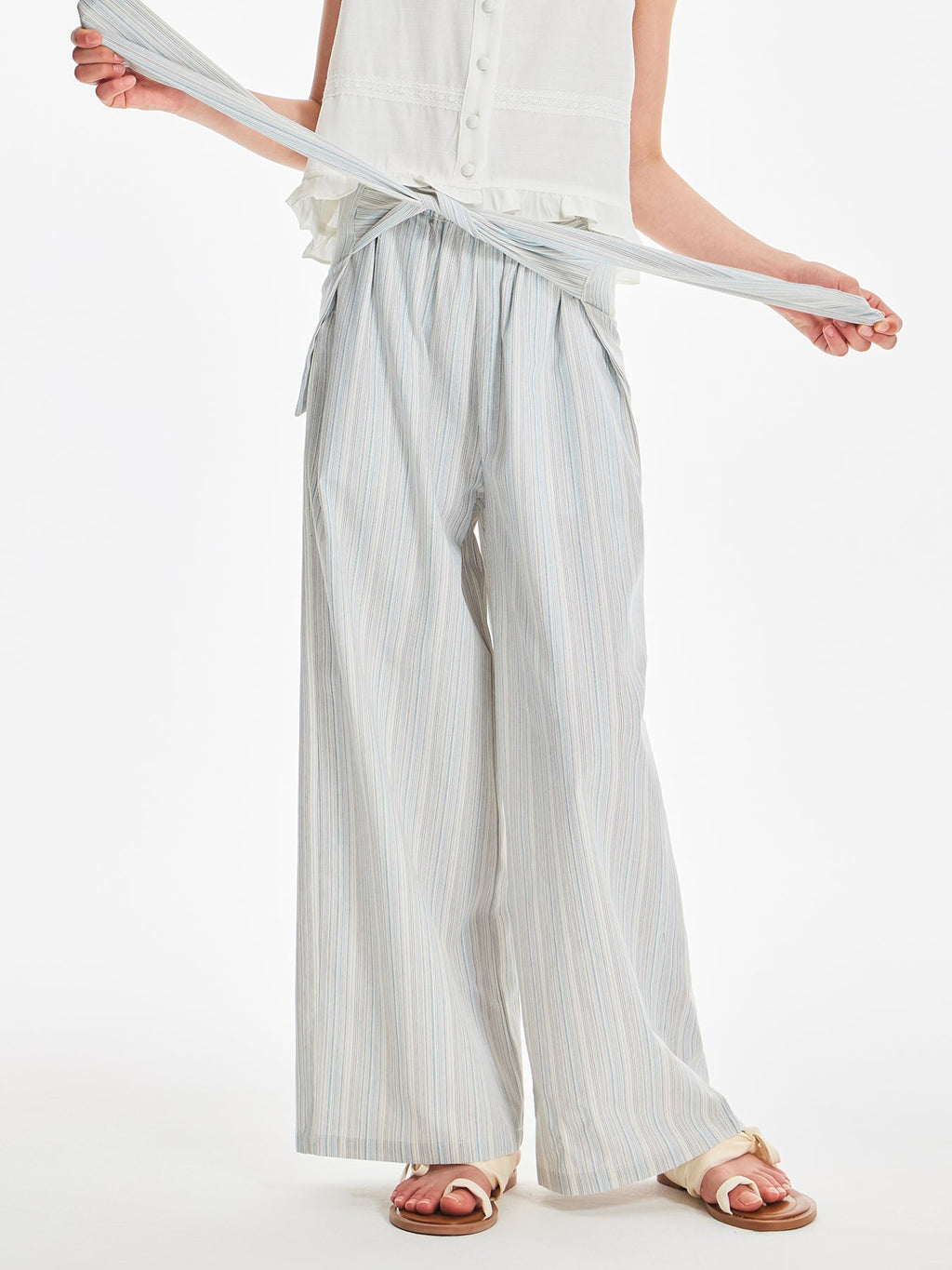Striped Wide Leg Pants with Tie Waist and Pockets