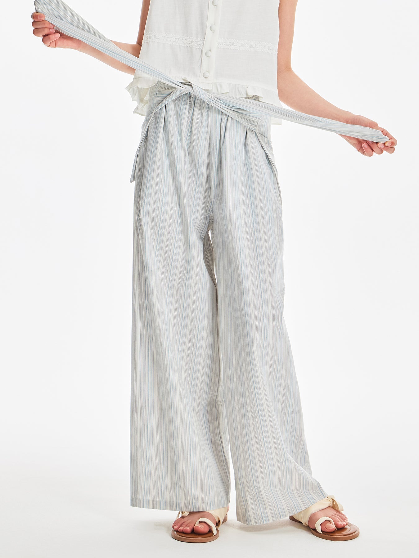 Striped Wide Leg Pants with Tie Waist and Pockets
