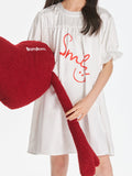 Girls White Satin Letter Print Puff Sleeve Dress