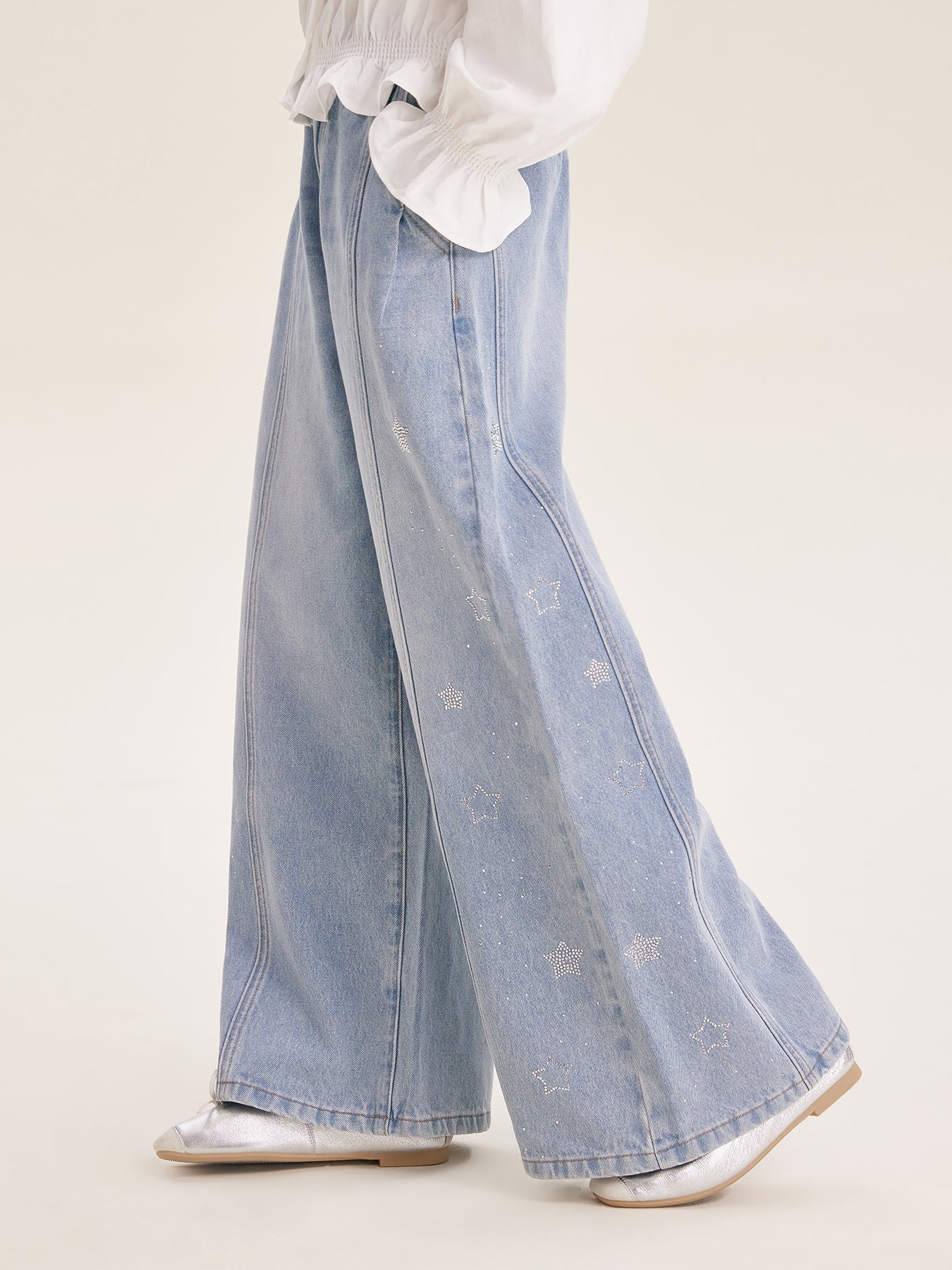 Girl's Wide Leg Star Print Denim Jeans Casual Pants