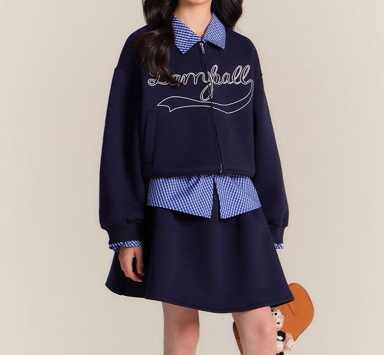 Girls Navy Zip Jacket and Wide Leg Elastic Waist Pants