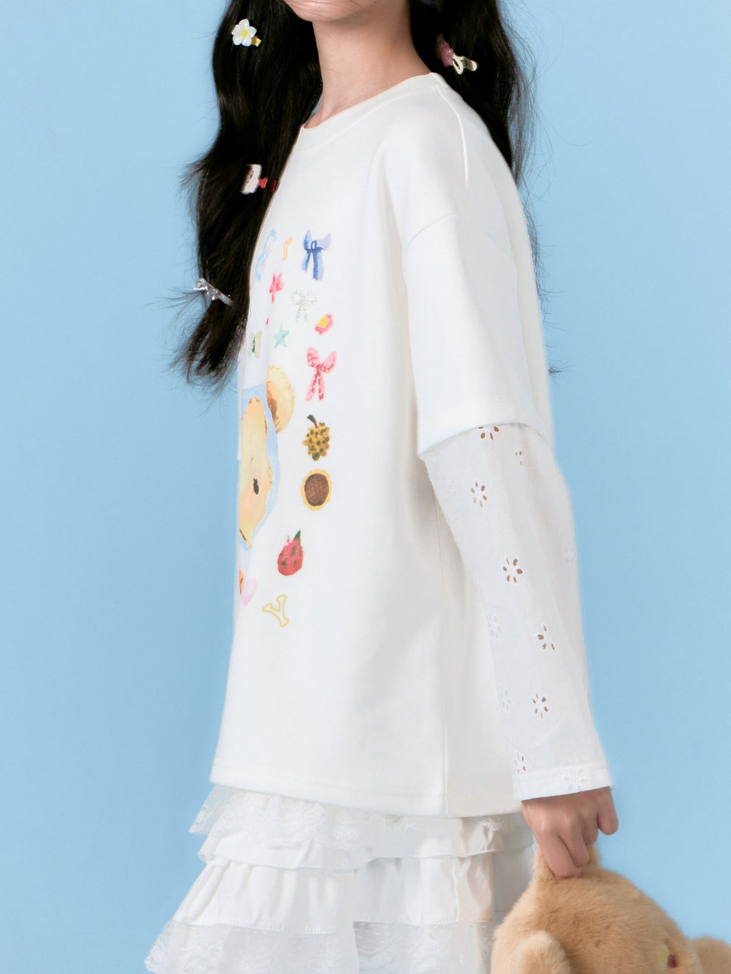 Girls Bear Print Long Sleeve Tee with Lace Patchwork