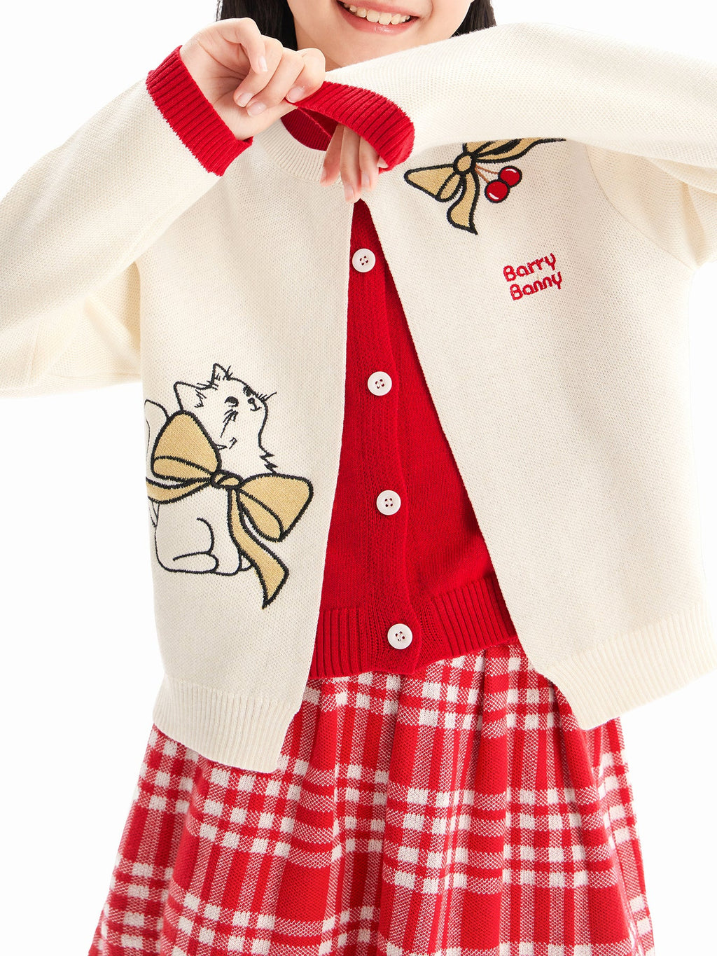 Charming Cat Knitted Cardigan & Red Plaid Pleated Skirt Set for Girls