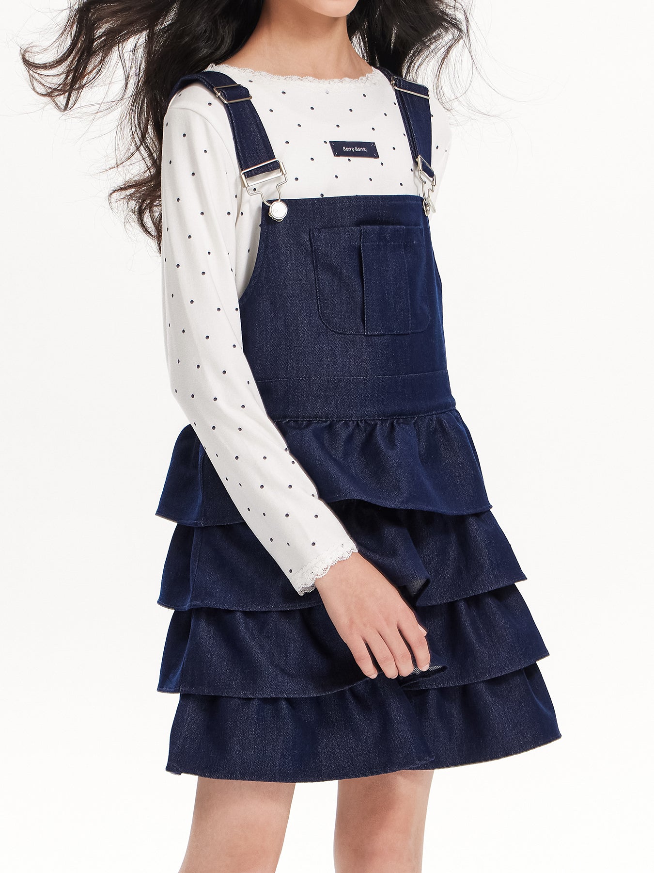Girls Denim Layered Ruffle Overall Dress Adjustable