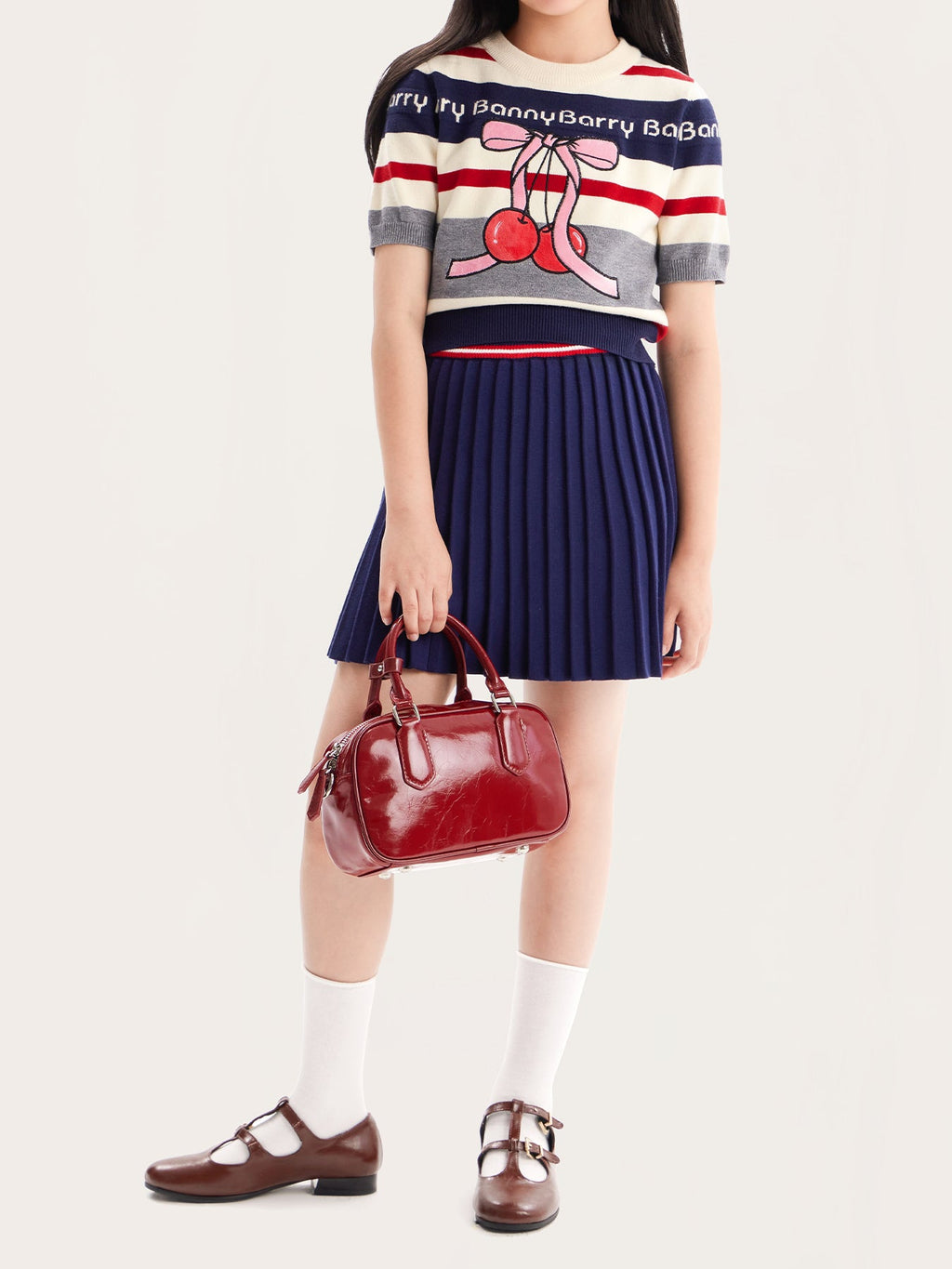 Vintage Striped Cherry Knit Top for Girls - Retro British Style