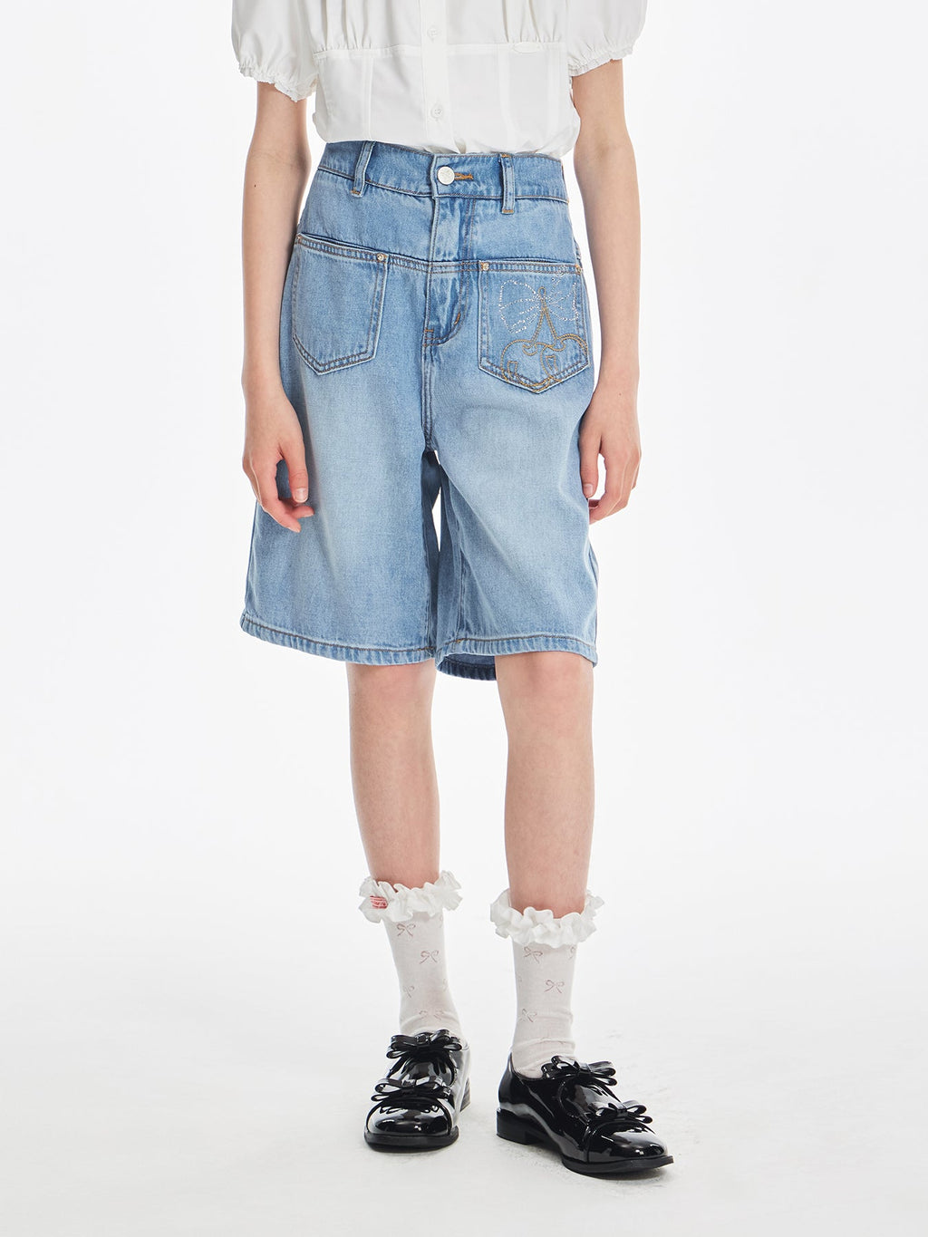 Girls Cherry Embroidered Denim Bermuda Shorts Summer Outfit