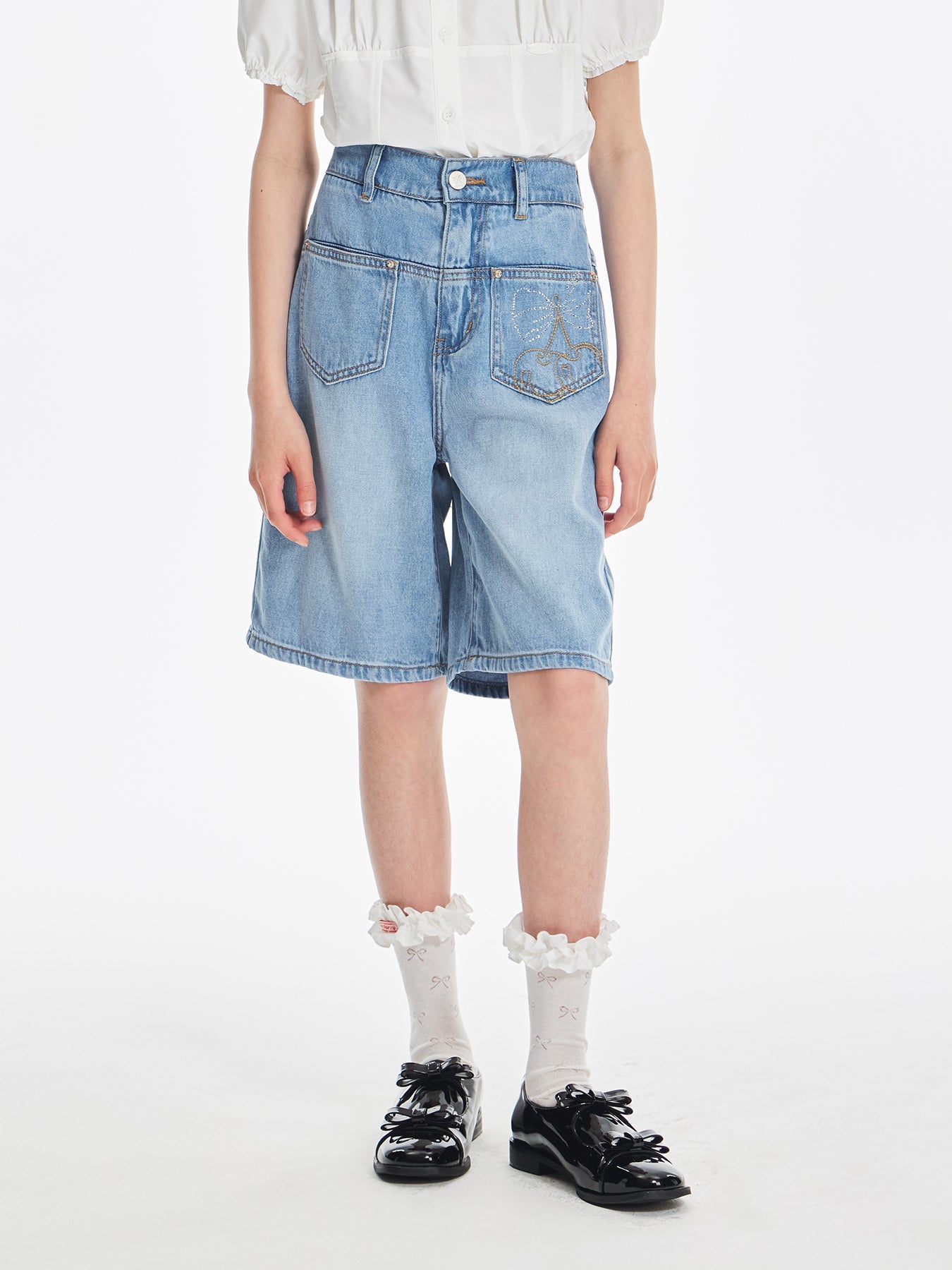 Girls Cherry Embroidered Denim Bermuda Shorts Summer Outfit