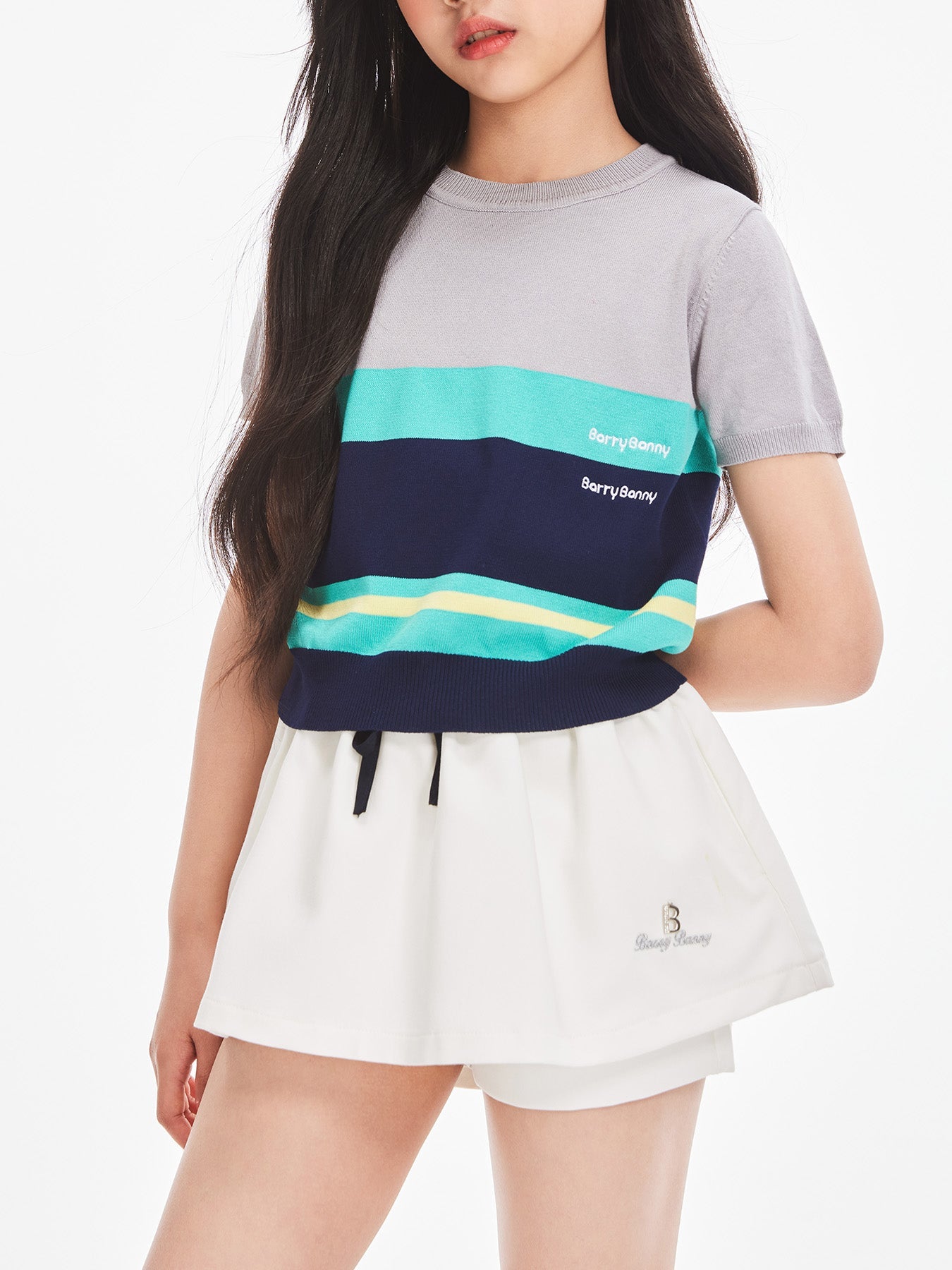 Girls Summer Knit Color Block Crew Neck Short Sleeve Top
