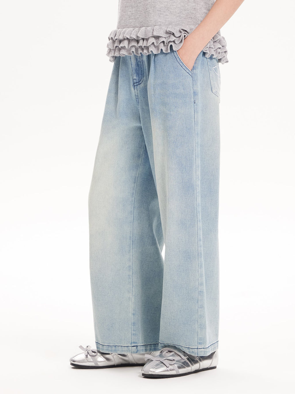 2025 Spring Girls Washed Straight Leg Denim Jeans | Solid Color Long Pants