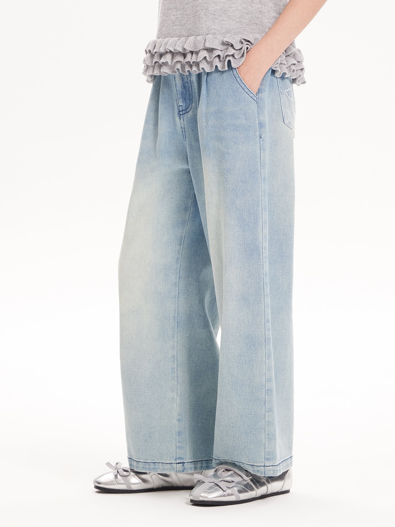 2025 Spring Girls Washed Straight Leg Denim Jeans | Solid Color Long Pants