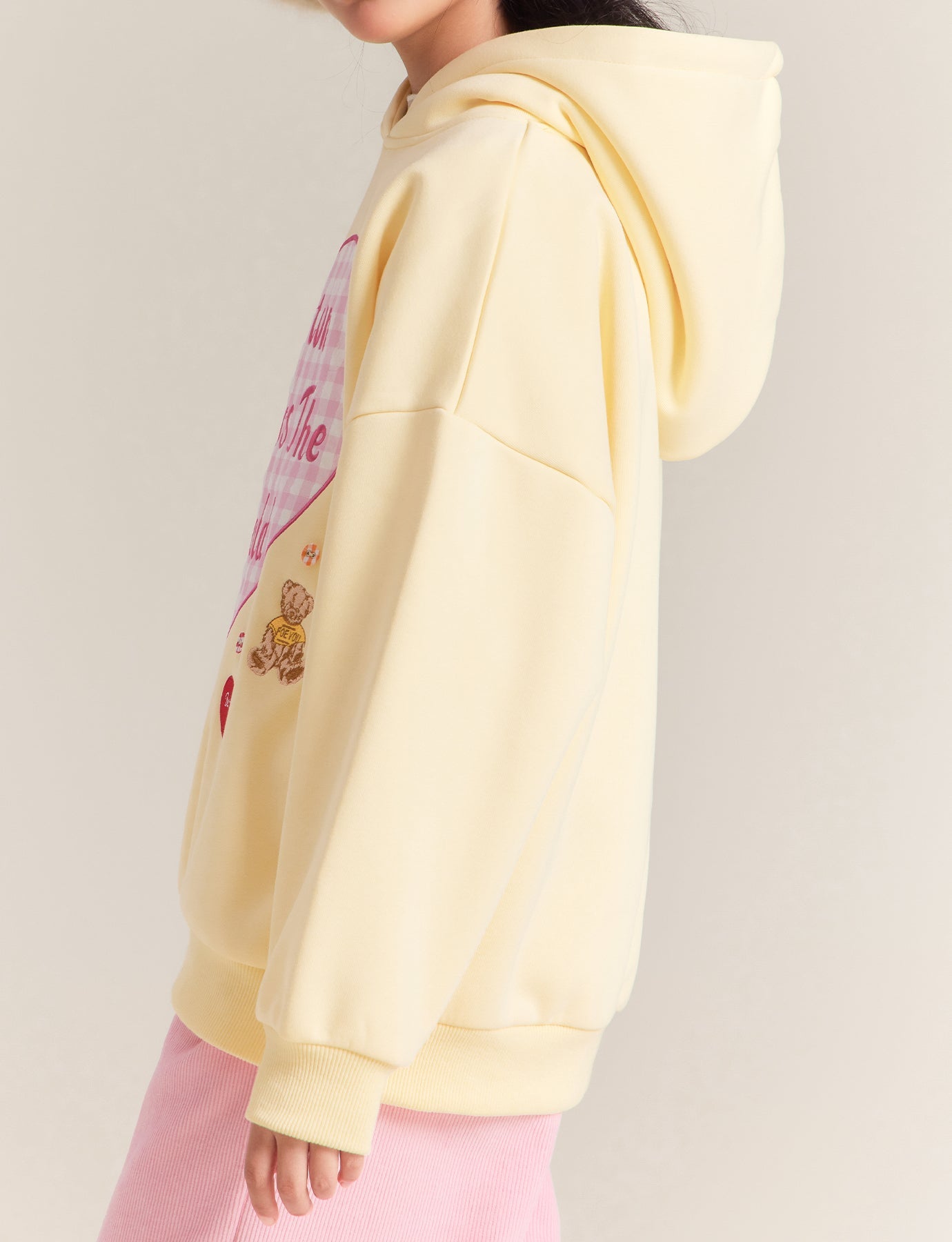 Girls Yellow Fleece Lined Hoodie with Heart Graphic Print