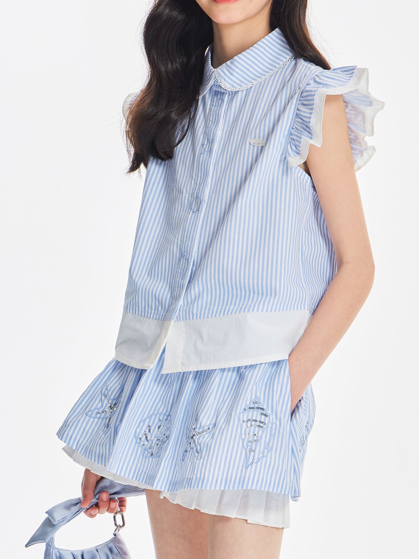 Girls Ruffle Sleeve Striped Blouse and Skirt Shorts