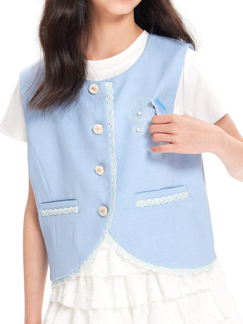 Girls Dolphin Embroidered Lace Trim Sleeveless Vest Top