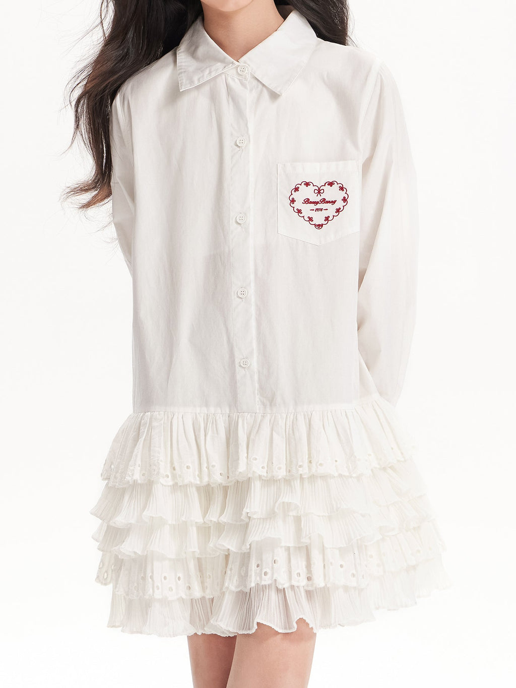 Girls White Ruffle Shirt Dress with Collar and Heart Pocket