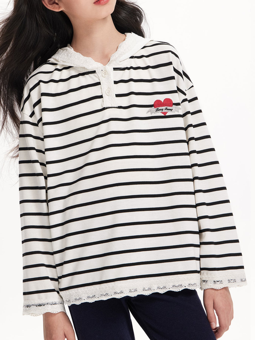 Heart Striped Hoodie with Lace Detail - Girls' Classic T-Shirt