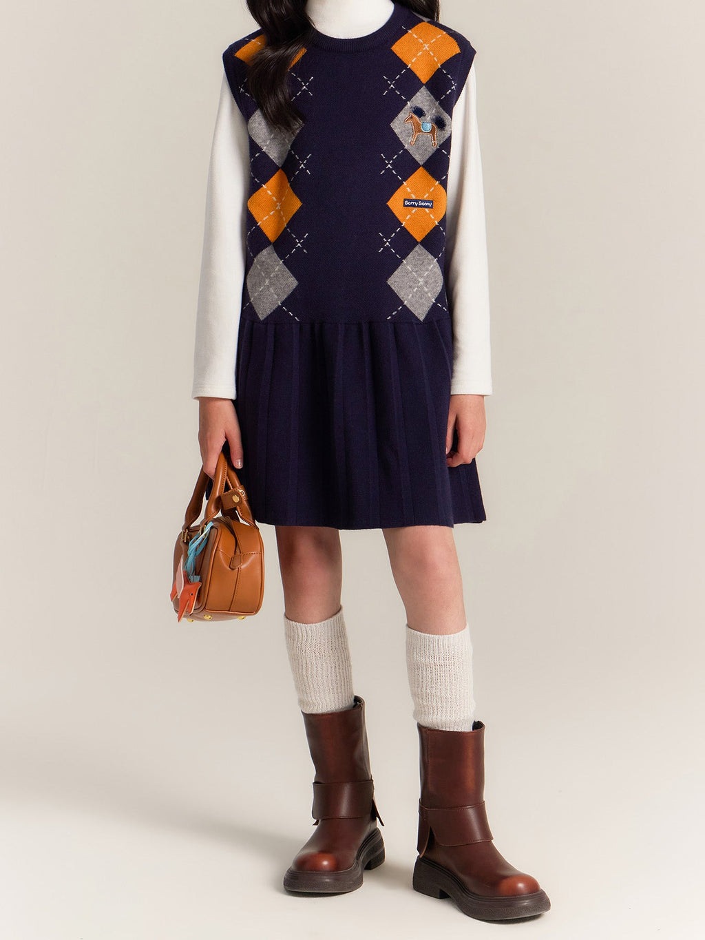 Girls Argyle Knit Dress Sleeveless Plaid Jumper Outfit