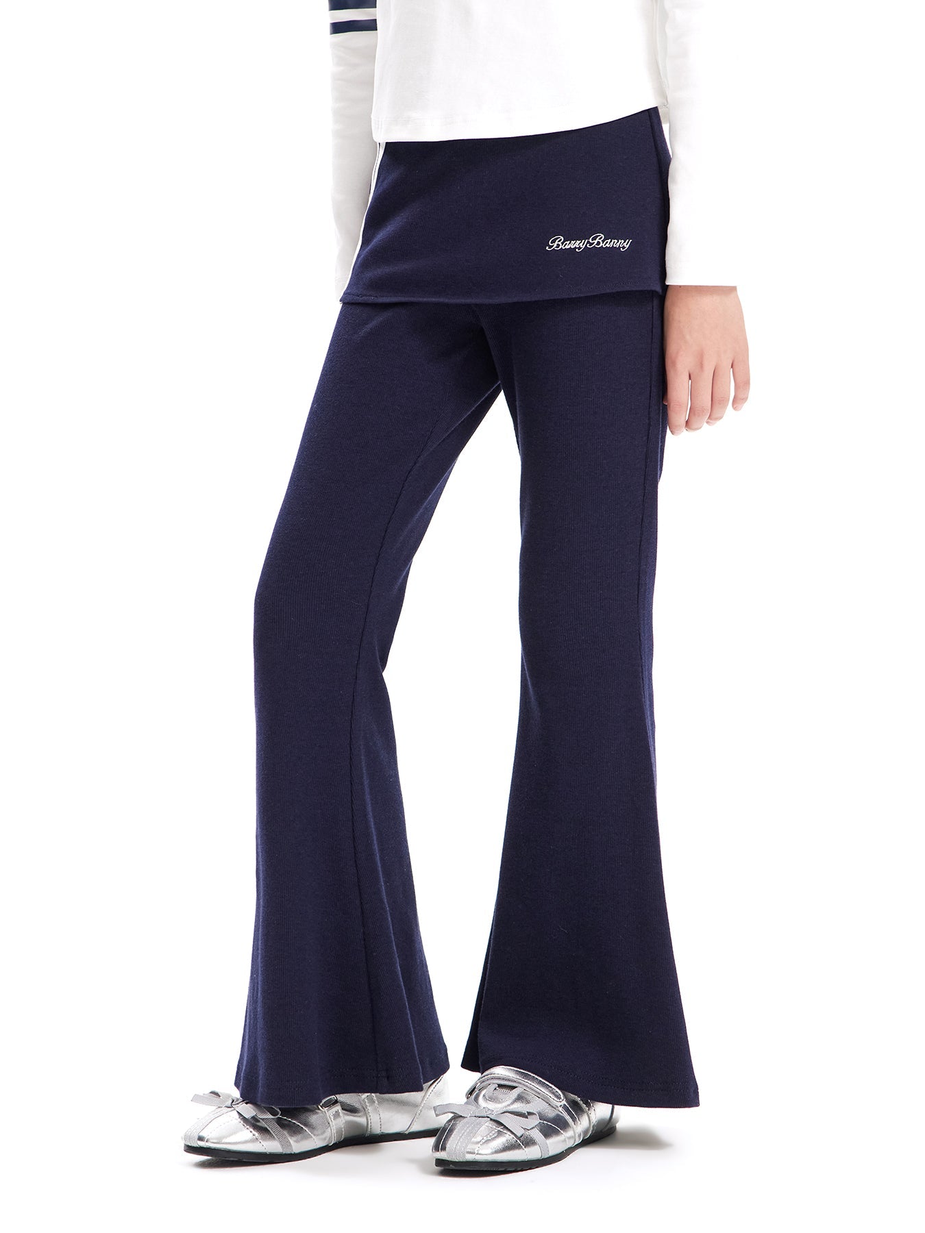 Girls Flared Pants with Skirt Overlay and Logo Embroidery