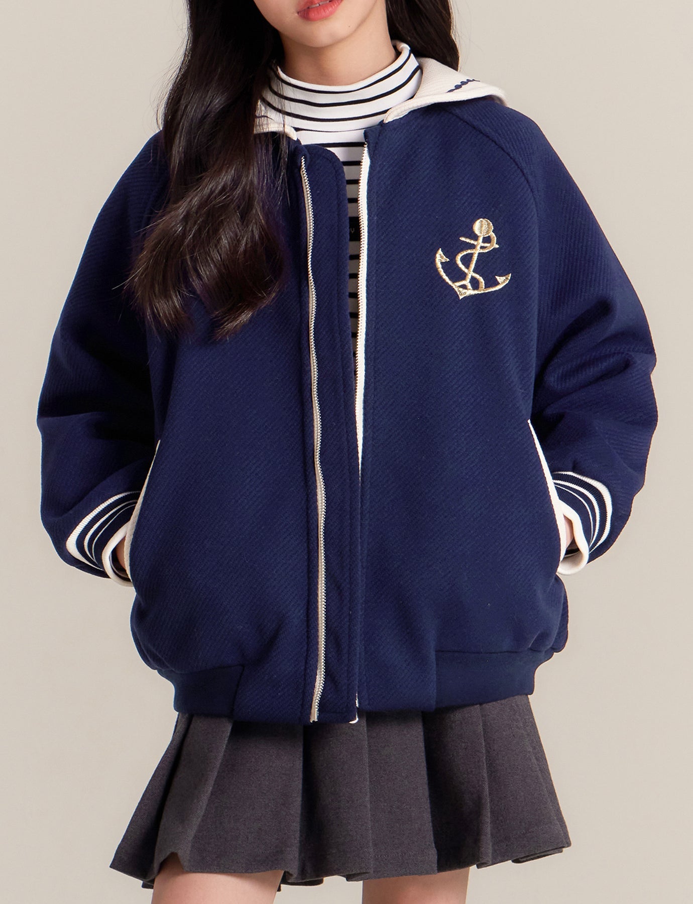 Girls Navy Sailor Collar Jacket Embroidered Casual Coat