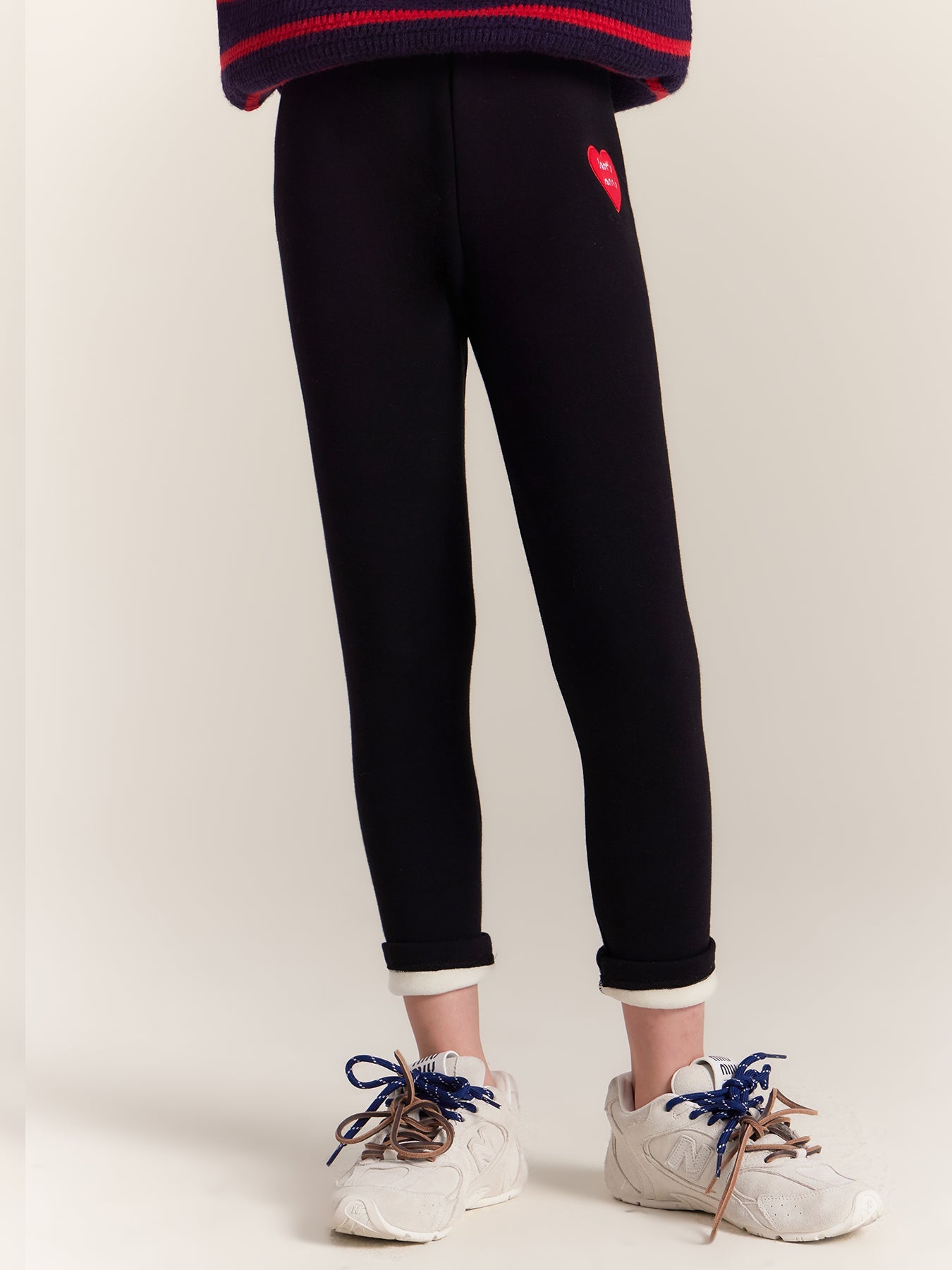 Girls Fleece Lined Black Leggings with Heart Patch