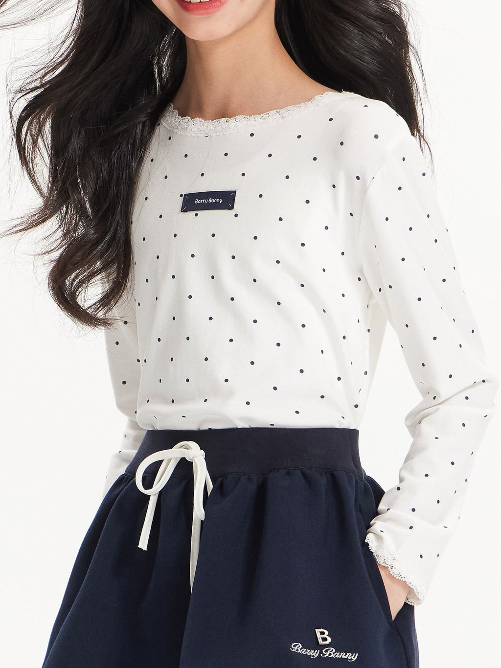 Girls Polka Dot Lace Trim Long Sleeve Tee with Logo