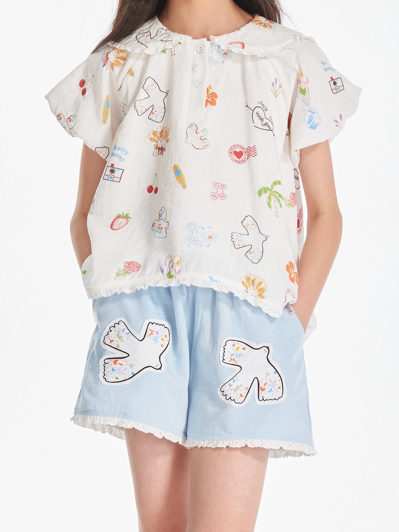 Girls Lace Collar Printed Blouse with Cute Shorts