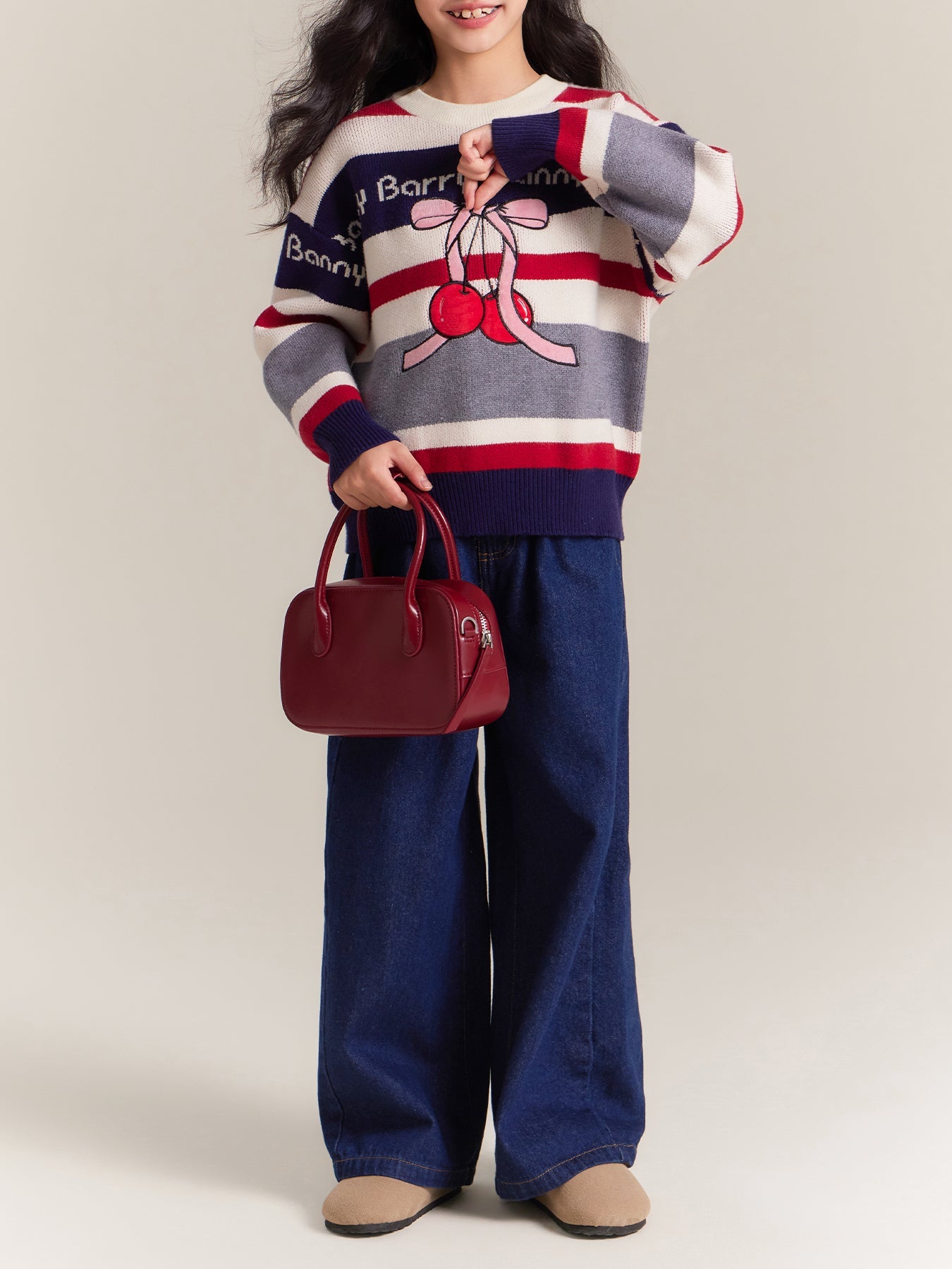 Girls Striped Knit Sweater with Cherry Bow Design