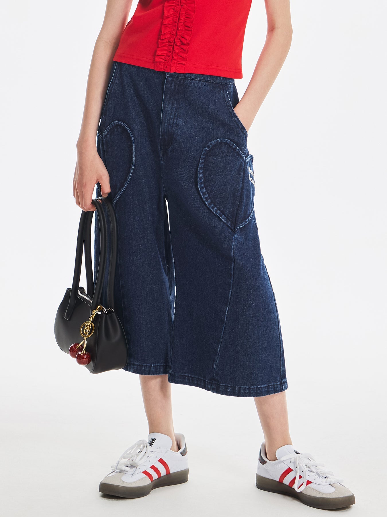 Girls Vintage Embroidered Wide Leg Denim Pants with Pockets