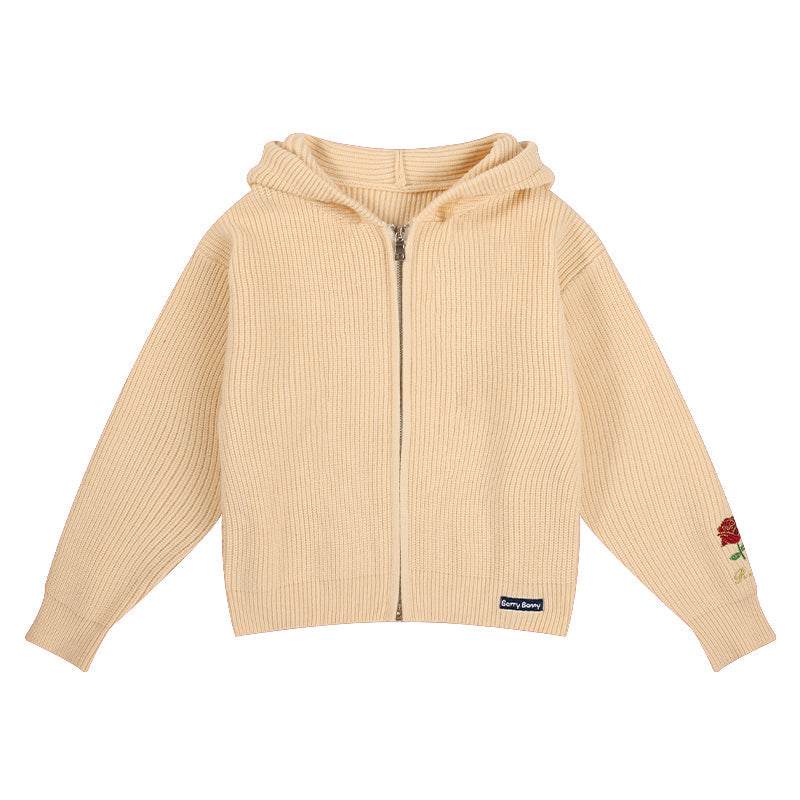 Girls Knit Hoodie with Flower Embroidery