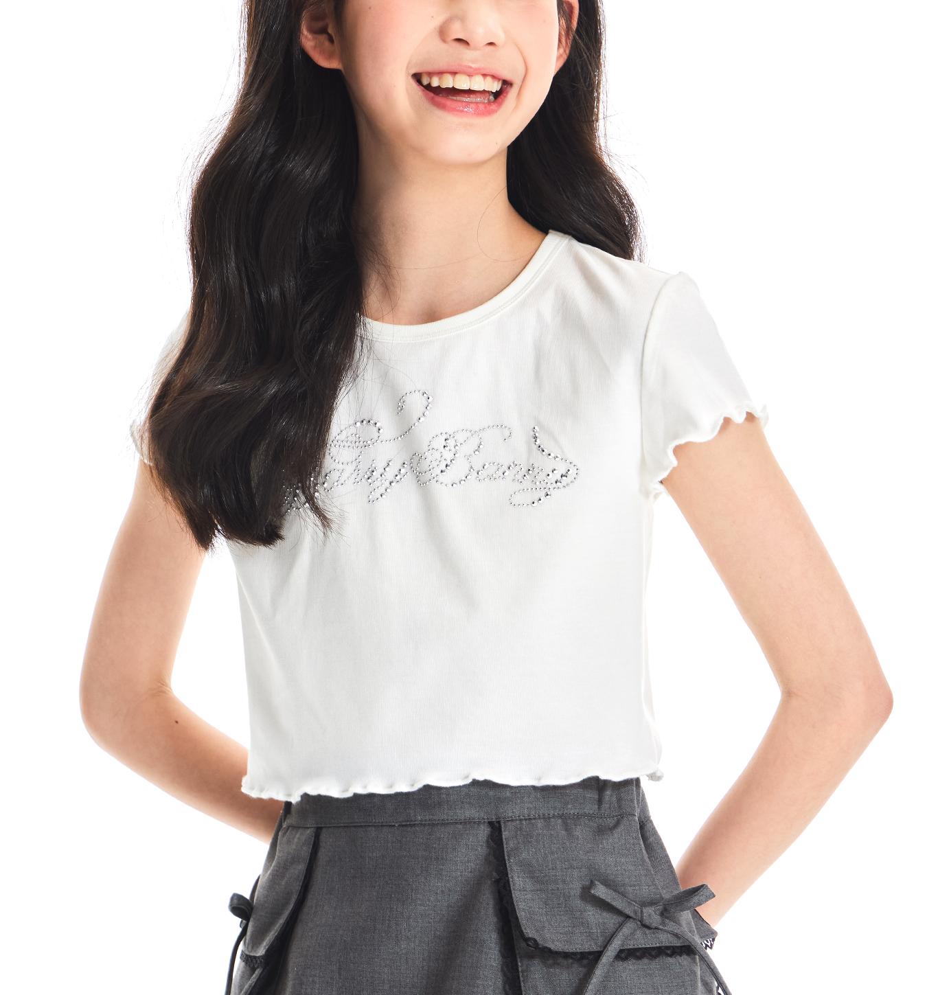 Girls Rhinestone Letter Ruffle Sleeve White T Shirt
