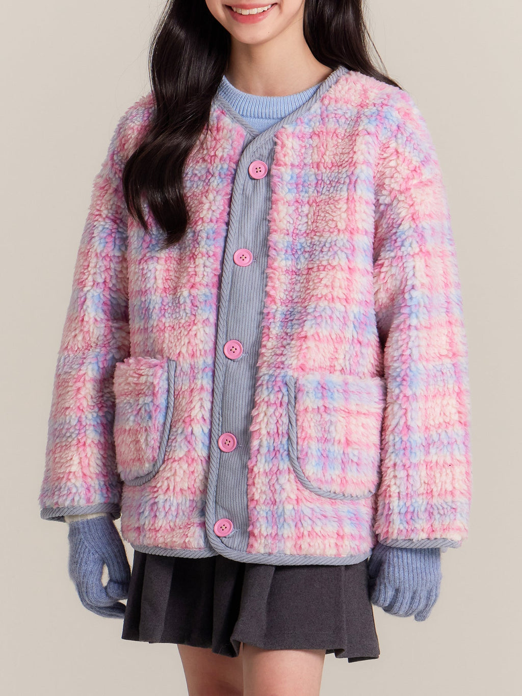 Girls Pink Plaid Sherpa Fleece Jacket Warm Winter Coat