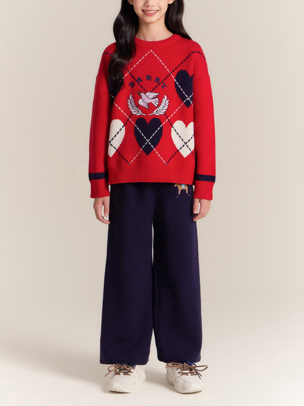 Girls Red Knit Sweater with Heart Embroidery Pullover