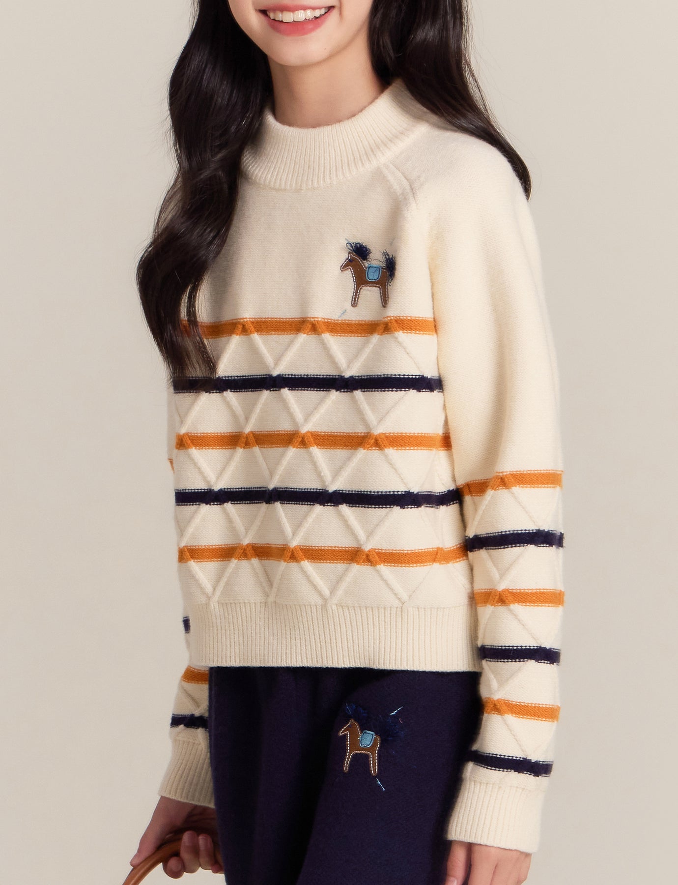 Girls Argyle Stripe Knit Sweater with Horse Embroidery