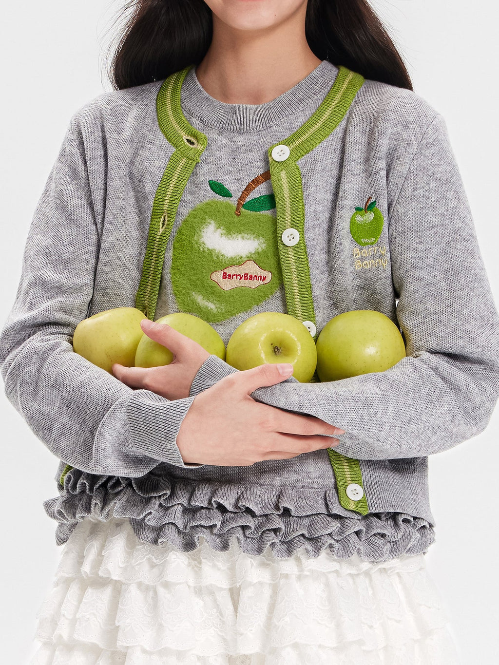Girls Knit Cardigan Sweater with Apple Embroidery