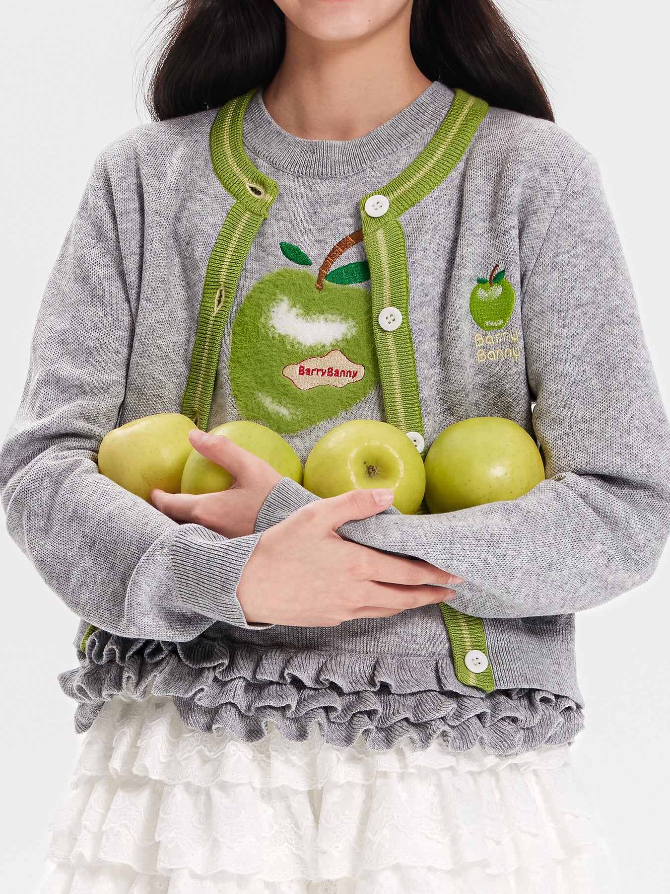 Girls Knit Cardigan Sweater with Apple Embroidery