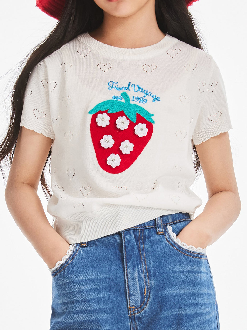 Girls Strawberry Knit T-Shirt Summer Short Sleeve Top