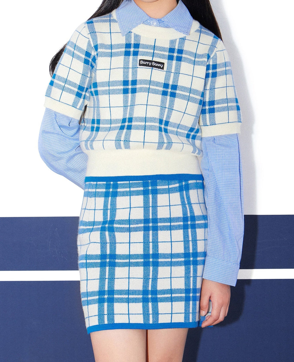 Plaid Blue British Style Kids Knit Top & Skirt Set