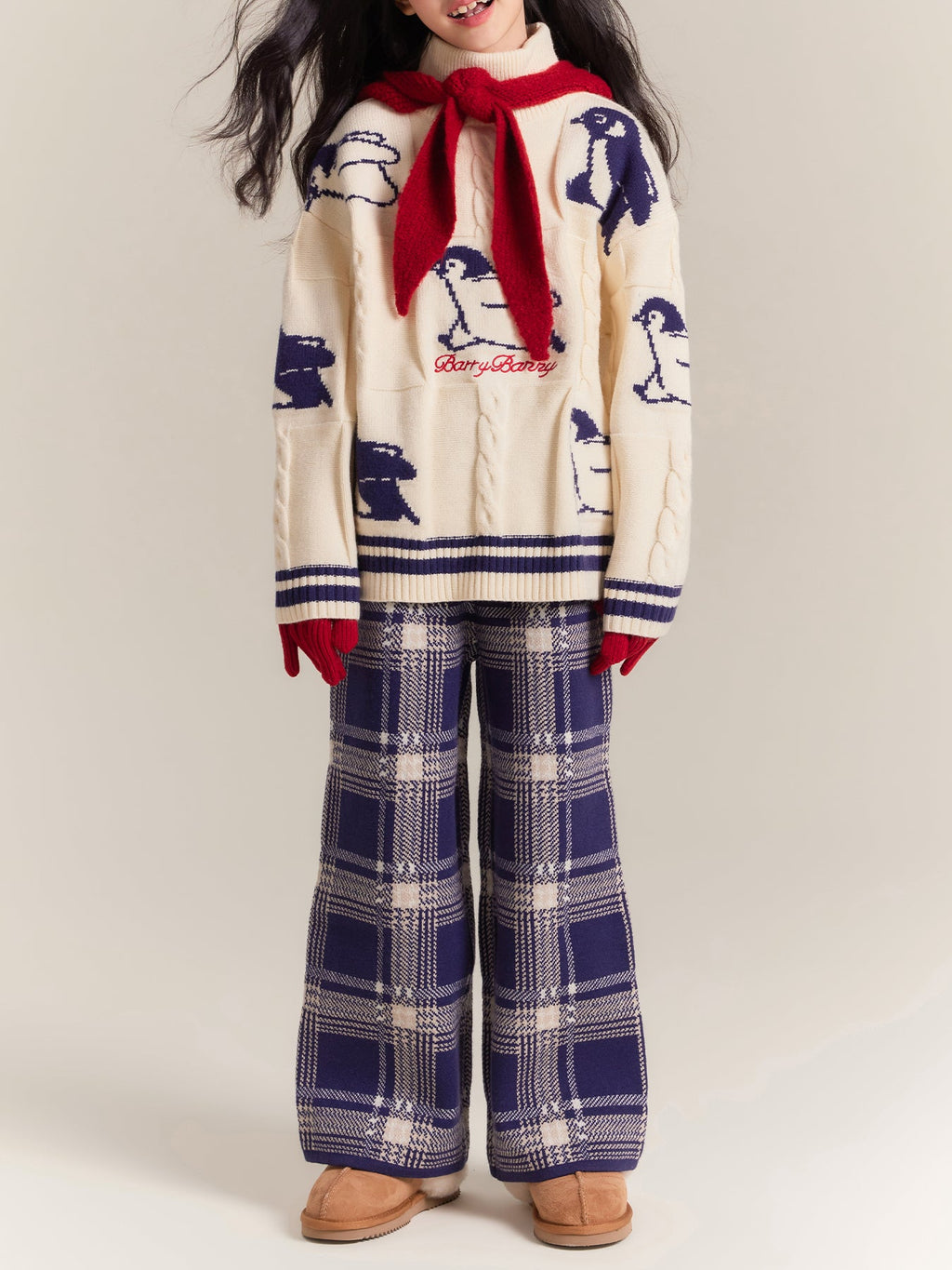 Kids Penguin Knit Sweater & Plaid Trousers Set